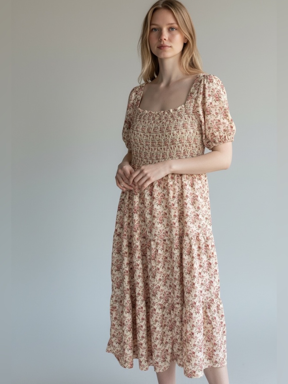 Arula Womens 3X C Floral Smocked Midi Dress Beige Pink Puff Sleeve Feminine Boho